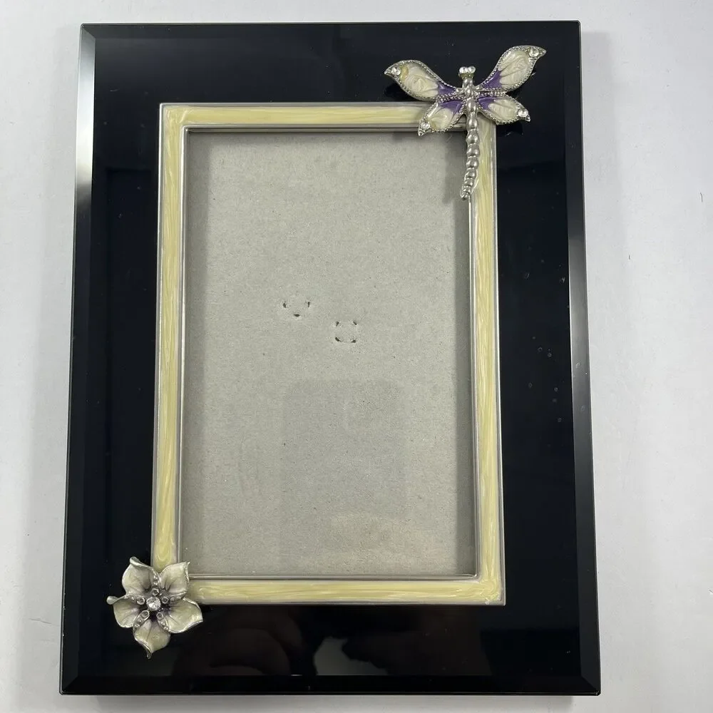 Dragonfly Flower 4x6 Photo Frame Black Enamel Ivory Accent Decorative Frame